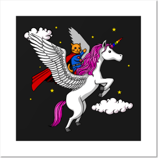 Cat Superhero Riding Pegasus Unicorn Party Posters and Art